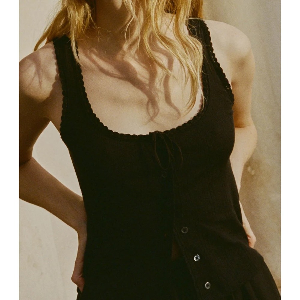 DOEN Lois Tank Women's XS Black Pointelle Button Front Cottagecore Top